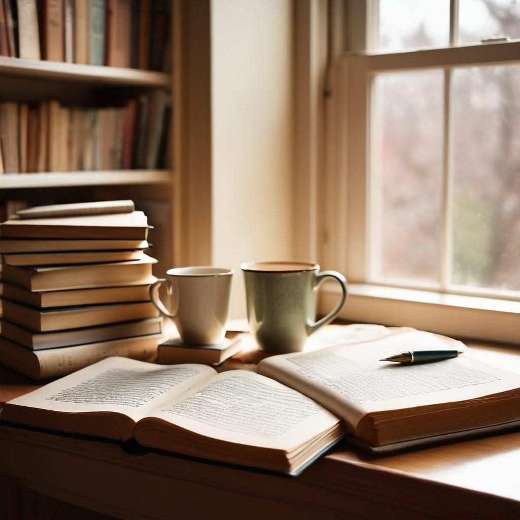 A cozy writer's nook filled with books, a steaming cup of tea beside an open notebook, sunlight streaming through a window illuminating handwritten notes. In the background, soft, muted colors of a bookshelf adorned with personal mementos. A gentle focus on the act of writing, evoking intimacy and creativity. painting. warm tones. soft focus.