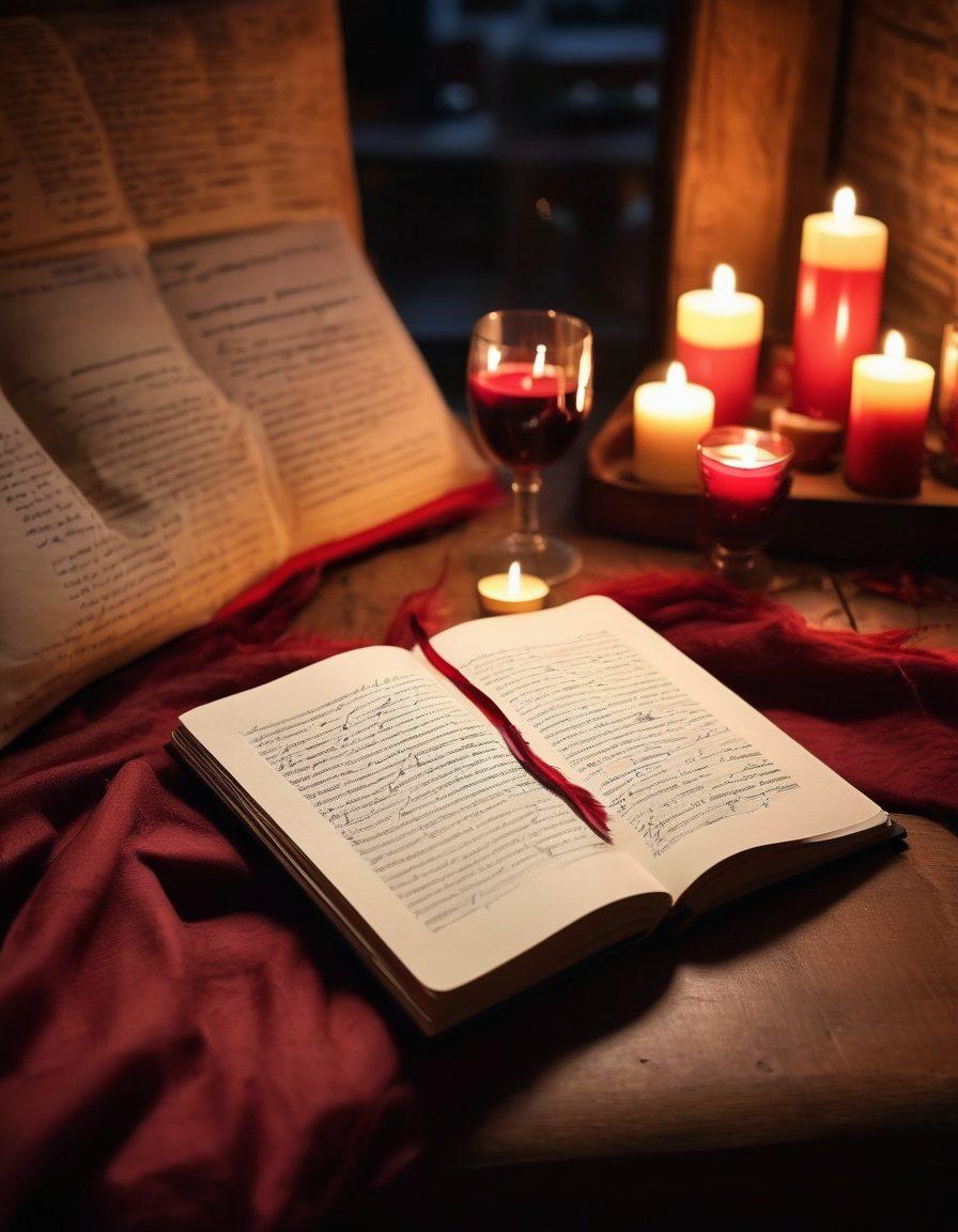 A captivating scene featuring an open notebook with handwritten pages filled with romantic narratives, surrounded by candles casting a soft glow. The background hints at a cozy writing nook, adorned with plush pillows and a glass of red wine. A feather quill rests beside the notebook, symbolizing creativity and passion. A silhouette of a couple in the distance suggests intimacy and connection. warm and inviting colors. soft focus.