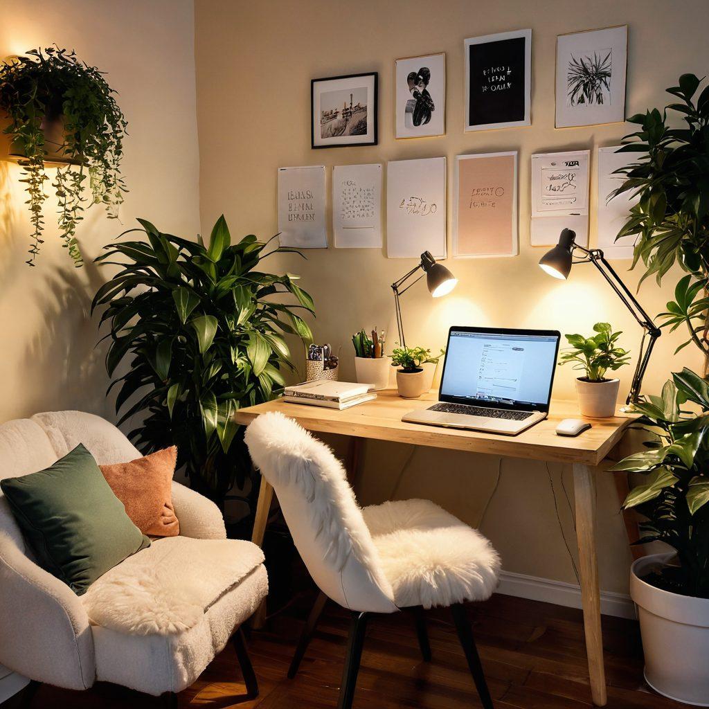 A warm, inviting workspace filled with soft lighting, a laptop displaying an erotic blog interface, scattered notebooks with creative ideas, and a cozy armchair with plush pillows. Beside the chair, a potted plant adds a touch of greenery, symbolizing growth and community. Subtle hints of sensuality through abstract art on the walls. super-realistic. vibrant colors. cozy atmosphere.